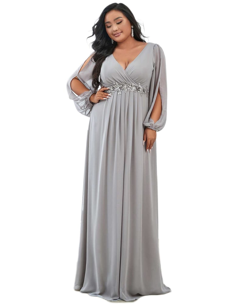 Front of a model wearing a size 18 Chiffon V-Neckline Long Sleeve Formal Evening Dress in Grey by Ever-Pretty. | dia_product_style_image_id:284544